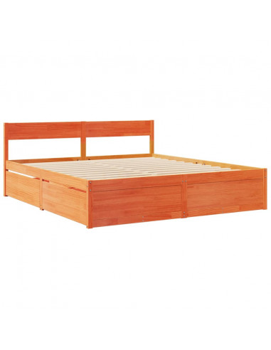 Letto Cassetti e Materasso Marrone Cera 200x200cm Massello Pino