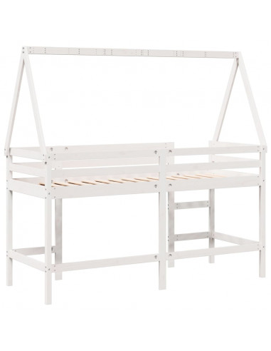 Letto Soppalco con Scala e Tetto Bianco 80x200 cm Massello Pino