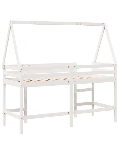 Letto Soppalco con Scala e Tetto Bianco 80x200 cm Massello Pino