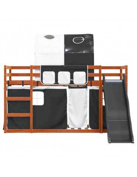 Letto a Castello con Scivolo e Tende Bianco e Nero 80x200 cm