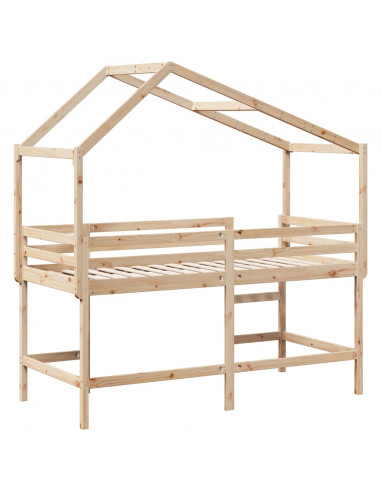 Letto Soppalco con Scala e Tetto 90x200 cm Legno Massello Pino