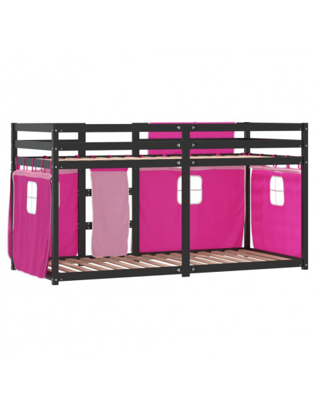 Letto a Castello con Tende Rosa 90x190 cm Legno Massello Pino