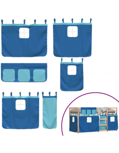 Letto a Castello con Tende Blu 75x190 cm Massello Pino