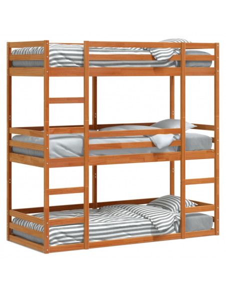 Letto Castello Triplo Marrone Cera 90x200cm Legno Massello Pino