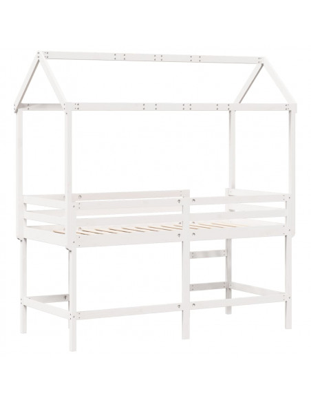 Letto Soppalco con Scala e Tetto Bianco 90x190 cm Massello Pino