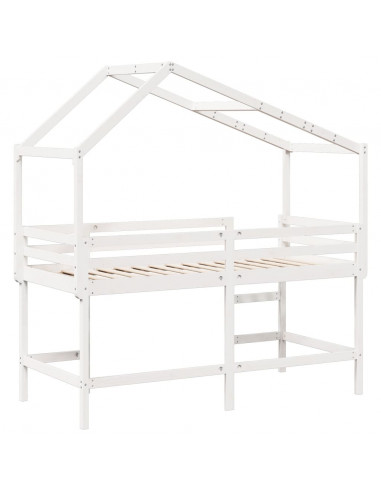 Letto Soppalco con Scala e Tetto Bianco 80x200 cm Massello Pino