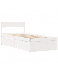 Letto Cassetti e Materasso Bianco 90x200 cm Legno Massello Pino 2