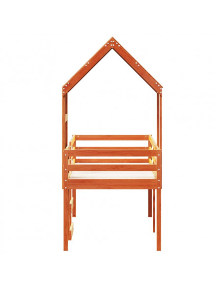 Letto a Soppalco con Tetto Cera 90x190cm Legno Massello di Pino