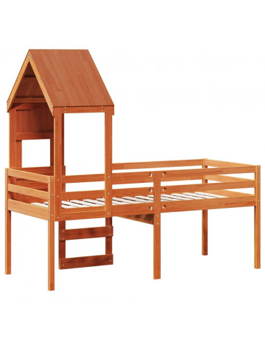 Letto a Soppalco con Tetto Cera 90x190cm Legno Massello di Pino