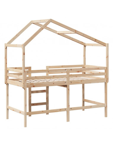 Letto Soppalco con Scala e Tetto 80x200 cm Legno Massello Pino