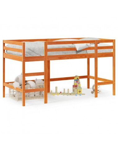 Letto Soppalco con Scala Bambini Marrone 90x200cm Massello Pino