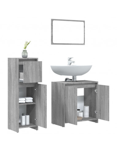 Set Mobili da Bagno 3 pz Grigio Sonoma in Legno Multistrato