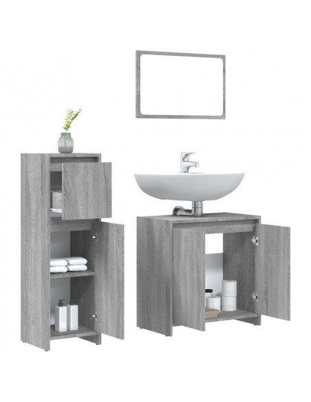 Set Mobili da Bagno 3 pz Grigio Sonoma in Legno Multistrato