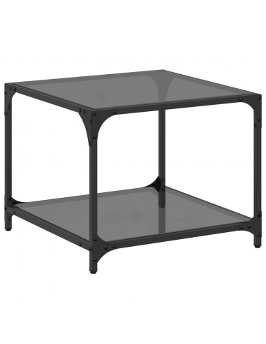 Tavolino con Piano in Vetro Nero 50x50x40 cm Acciaio