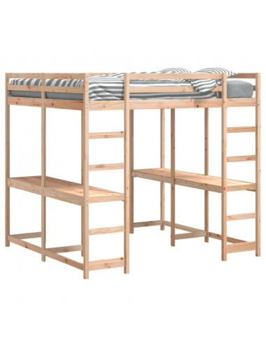 Letto Soppalco con Scrivania e Scala 180x200 cm Massello Pino