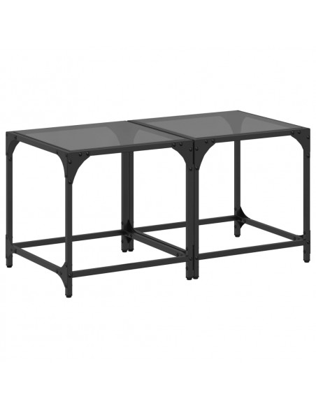 Tavolini da Salotto con Piano Vetro Nero 2pz 40x40x40cm Acciaio
