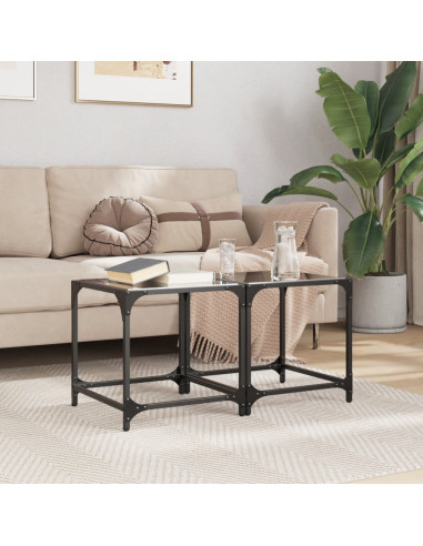 Tavolini da Salotto con Piano Vetro Nero 2pz 40x40x40cm Acciaio