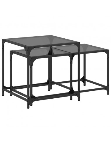 Tavolini Impilabili 2pz con Piano Vetro Nero in Acciaio