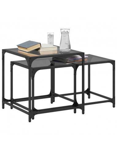 Tavolini Impilabili 2pz con Piano Vetro Nero in Acciaio
