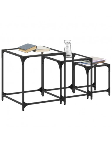 Tavolini Impilabili 3pz con Piano Vetro Trasparente in Acciaio