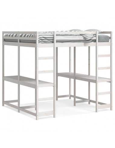 Letto Soppalco Scrivania e Scala Bianco 160x200cm Massello Pino