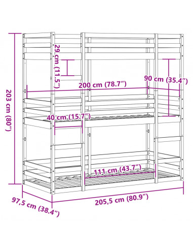 Letto a Castello Triplo 90x200 cm in Legno Massello di Pino