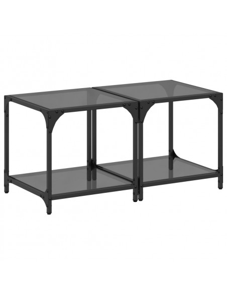 Tavolini da Salotto con Piano Vetro Nero 2pz 40x40x40cm Acciaio