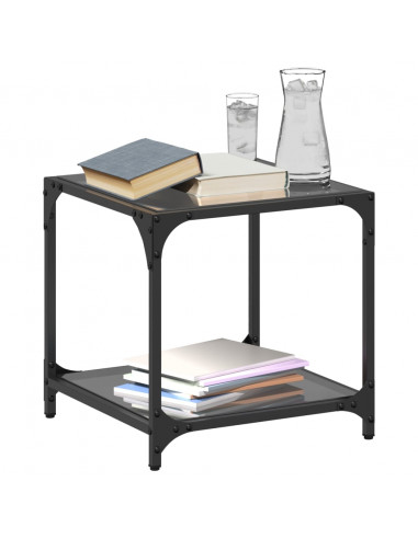 Tavolini da Salotto con Piano Vetro Nero 2pz 40x40x40cm Acciaio