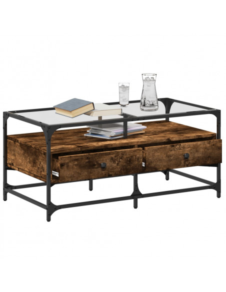 Tavolino con Piano in Vetro Rovere Fumo 98,5x50x45 cm Acciaio