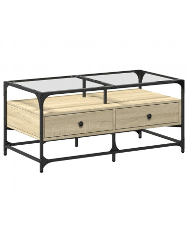 Tavolino con Piano in Vetro Rovere Sonoma 98,5x50x45 cm Acciaio