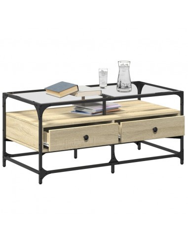 Tavolino con Piano in Vetro Rovere Sonoma 98,5x50x45 cm Acciaio