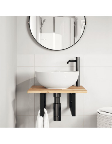 Ripiano a Parete per Lavabo in Acciaio e Massello di Acacia