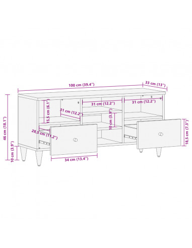 Mobile Porta TV 100x33x46 cm in Legno Massello di Mango