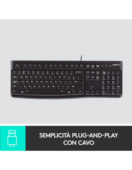 Logitech K120 Tastiera con Cavo per Windows, USB Plug-and-Play, Dimensioni Standard, Resistente agli Schizzi, Barra Spaziatrice 