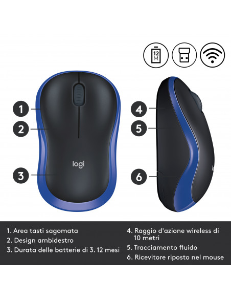 Logitech M185 Mouse Wireless, 2,4 GHz con Mini Ricevitore USB, Durata Batteria di 12 Mesi, Tracciamento Ottico 1000 DPI, Ambides