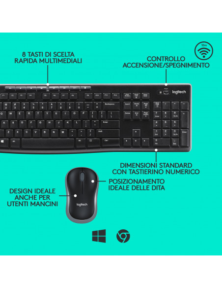 Logitech MK270 Combo Tastiera e Mouse Wireless per Windows, 2,4 GHz Wireless, Mouse Compatto, 8 Tasti Multimediali e di Scelta R