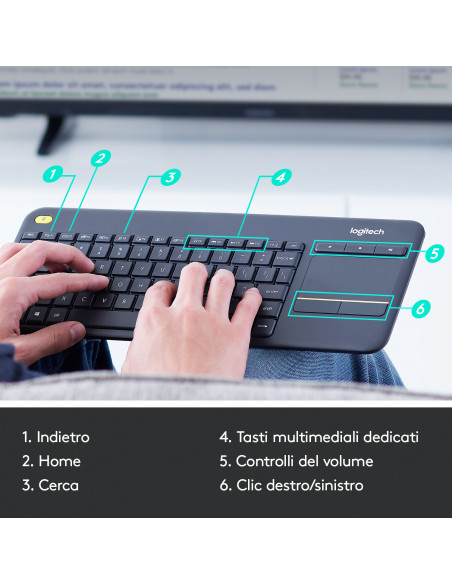 Logitech K400 Plus Tastiera Wireless Touch TV, Facili Controlli Multimediali e Touchpad Integrato, Tastiera HTPC per TV Collegat