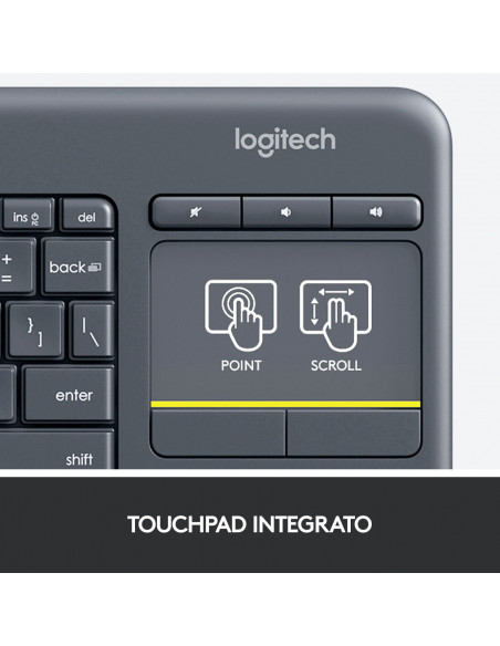 Logitech K400 Plus Tastiera Wireless Touch TV, Facili Controlli Multimediali e Touchpad Integrato, Tastiera HTPC per TV Collegat