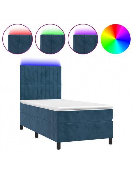 Letto a Molle con Materasso e LED Blu Scuro 90x190cm in Velluto