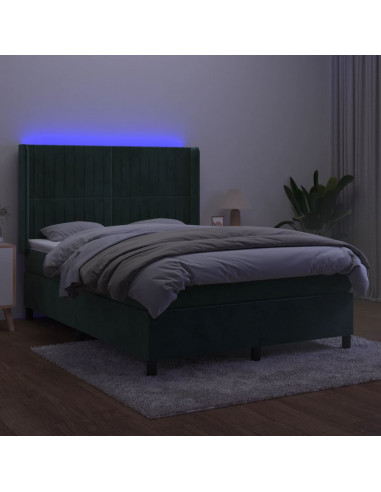 Letto a Molle con Materasso e LED Verde Scuro 140x190cm Velluto