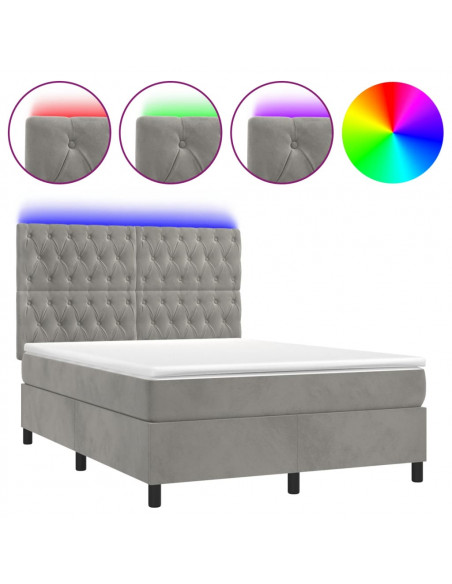 Letto a Molle Materasso e LED Grigio Chiaro 140x200 cm Velluto