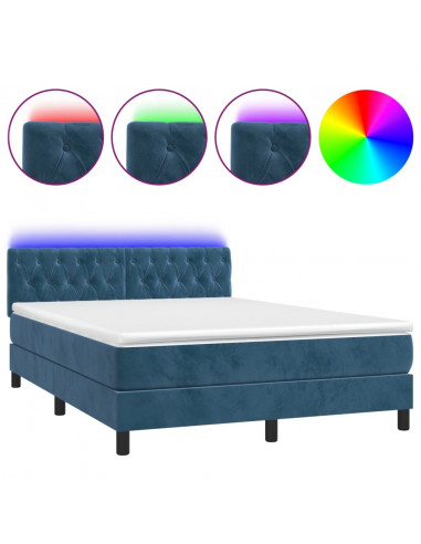 Letto a Molle con Materasso e LED Blu Scuro 140x200 cm