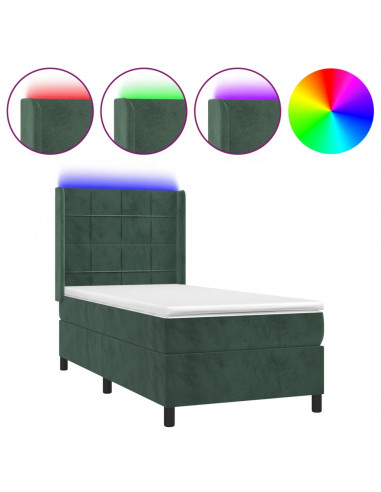Letto a Molle con Materasso e LED Verde Scuro 100x200cm Velluto