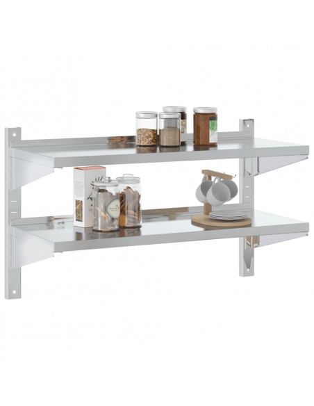 Mensola Muro 2 Ripiani 100x40x60cm Argento Acciaio Inossidabile
