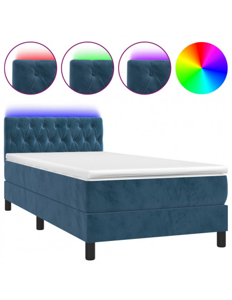 Letto a Molle con Materasso e LED Blu Scuro 90x200cm in Velluto