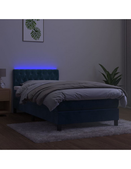 Letto a Molle con Materasso e LED Blu Scuro 90x200cm in Velluto