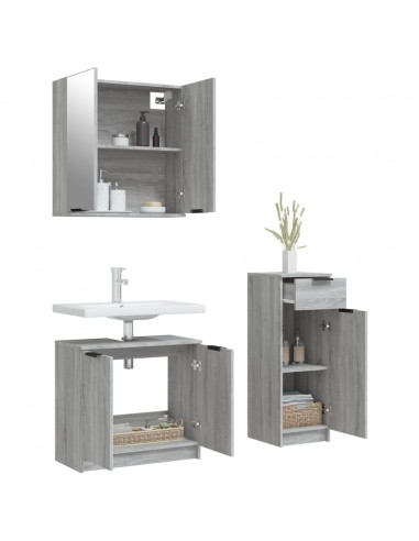 Set Mobili da Bagno 3 pz Grigio Sonoma in Legno Multistrato
