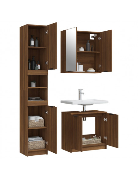 Set Mobili da Bagno 3 pz Rovere Marrone in Legno Multistrato
