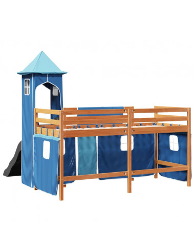 Letto a Soppalco con Torre Bambini Blu 80x200cm Massello Pino
