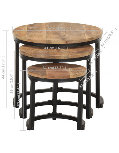 Tavolini Laterali 3 pz in Legno di Mango Grezzo